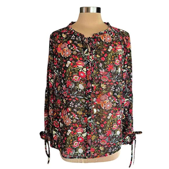 Simply Styled Semi-Sheer Chiffon Dark Floral Boho Top Sz L Ruffled Button Front - Picture 1 of 11